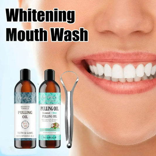 Kokosnussöl-Ziehen-Mundwasser mit ätherischen Alkohol-freien Pflege Oral Zahnbürste Mund Zähne Schaber Mundwasser Zunge