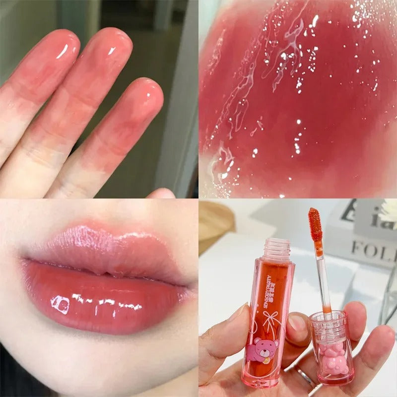 Cute Pink Bear Water Light Lip Gloss Lasting Crystal Shiny Lip Glaze Mirror Nude Liquid Lipstick Women Lips Makeup Cosmetics