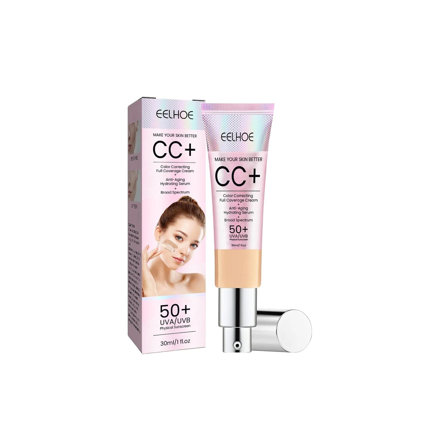 Cosmétique CC + crème 50 +, protection solaire, correcteur hydratant, maquillage naturel lisse, éclaircissant, couleur de la peau, maquillage de beauté léger 