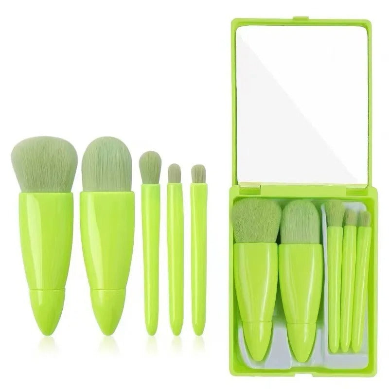 Makeup brush set portable 5 pieces multifunction set with mirror soft hair loose powder brush blusher foundation eyeshadow brush